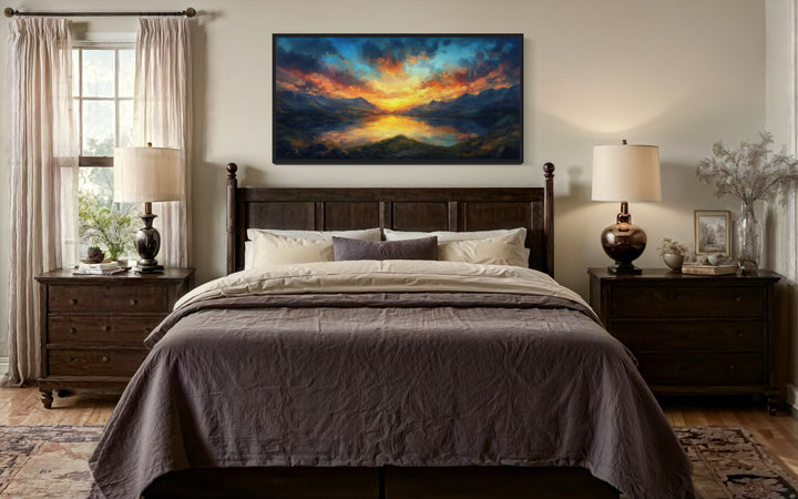 Mountain Lake Sunset Nature Landscape Framed Canvas Wall Art