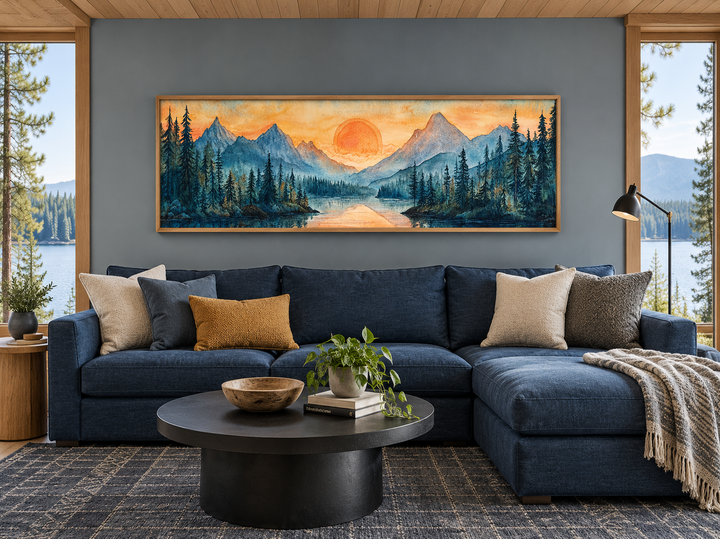 Long horizontal watercolor painting of a mountain lake sunset over a blue sectional sofa.