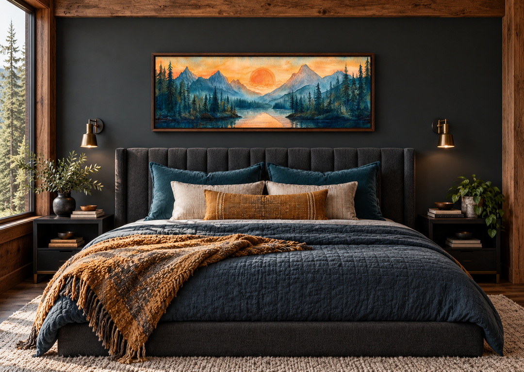 Long horizontal watercolor wall art of a mountain lake sunset over a bed in a dark bedroom.
