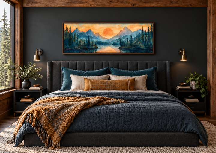 Long horizontal watercolor wall art of a mountain lake sunset over a bed in a dark bedroom.