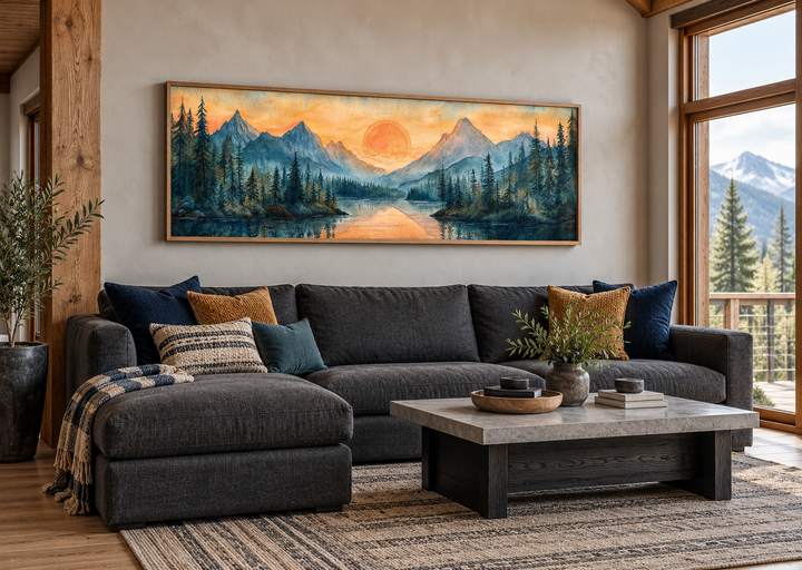 Long horizontal watercolor painting of a mountain lake sunset over a charcoal sectional sofa.