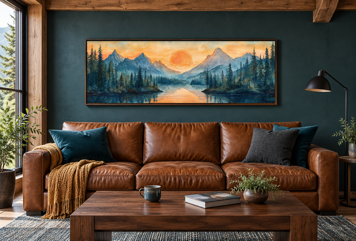 Long horizontal watercolor wall art of a mountain lake sunset above a cognac leather sofa.
