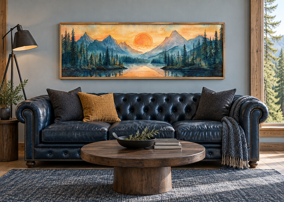 Long horizontal watercolor painting of a mountain lake sunset in a wood frame over a leather sofa.