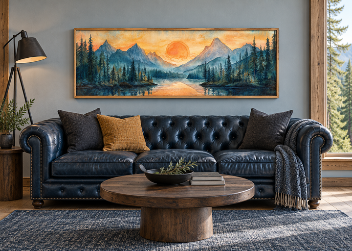 Long horizontal watercolor painting of a mountain lake sunset in a wood frame over a leather sofa.