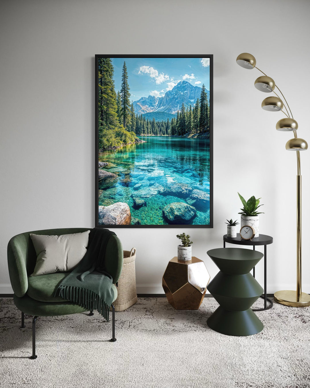 Vertical canvas wall art featuring a vibrant turquoise mountain lake surrounded by evergreen trees.