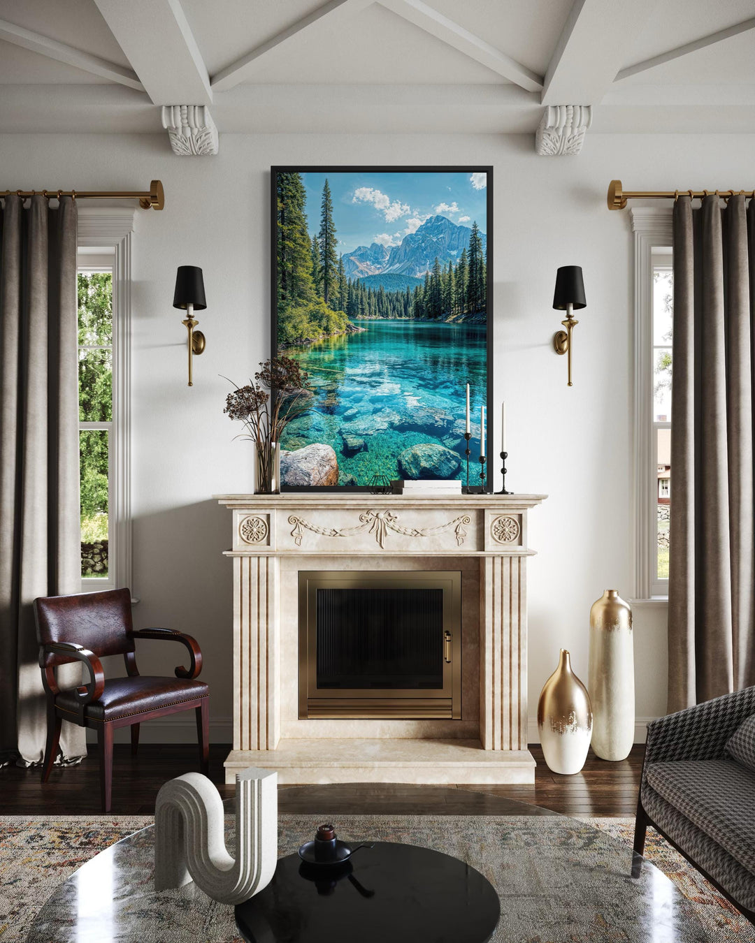 Vertical canvas wall art featuring a vibrant mountain lake scene above a classic fireplace.