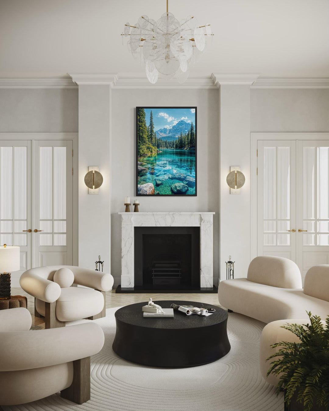 Vertical canvas wall art featuring a vibrant mountain lake scene above a marble fireplace.