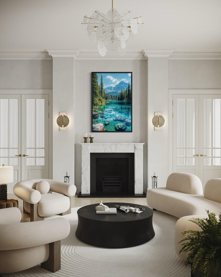 Vertical canvas wall art featuring a vibrant mountain lake scene above a marble fireplace.