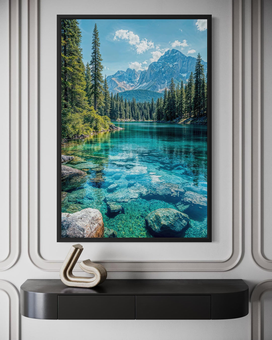 Vertical canvas wall art of a clear turquoise mountain lake surrounded by evergreen trees.