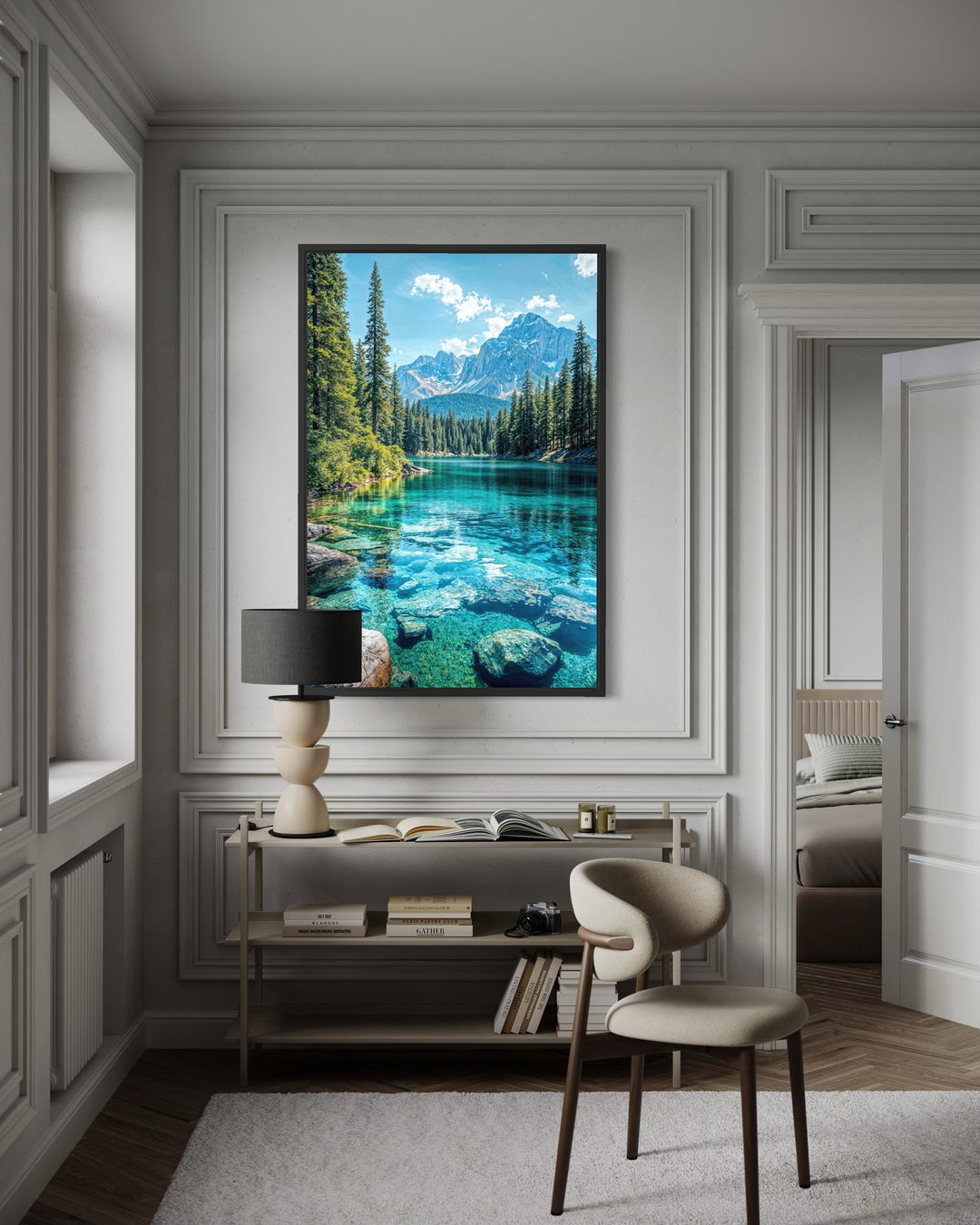 Vertical canvas wall art featuring a vibrant mountain lake scene in a classic paneled room.