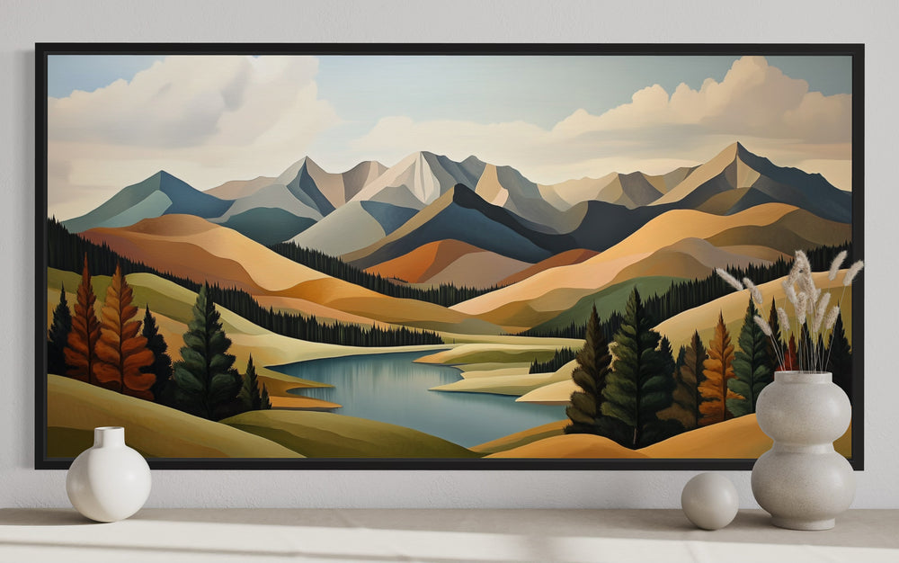 Mountain Lake Wall Art - Mid Century Modern Green Brown Canvas Print for Living Room