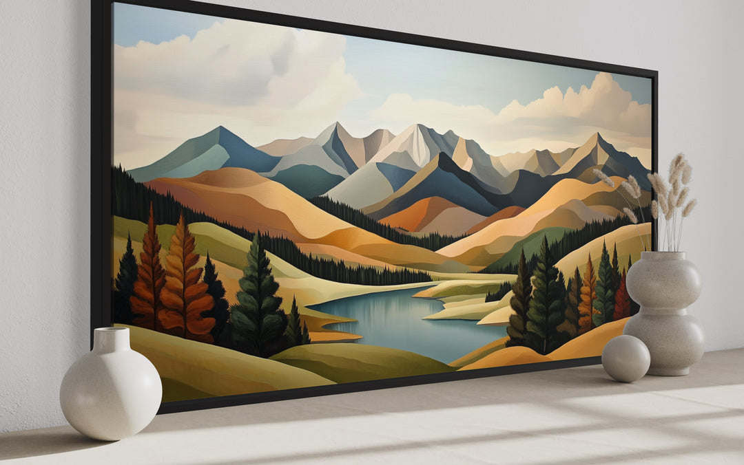 Mountain Lake Wall Art - Mid Century Modern Green Brown Canvas Print for Living Room