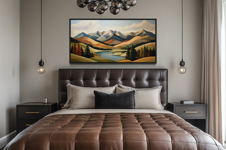 Mountain Lake Wall Art - Mid Century Modern Green Brown Canvas Print for Living Room