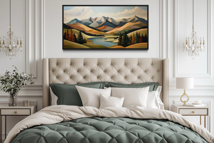 Mountain Lake Wall Art - Mid Century Modern Green Brown Canvas Print for Living Room