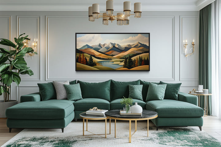 Mountain Lake Wall Art - Mid Century Modern Green Brown Canvas Print for Living Room
