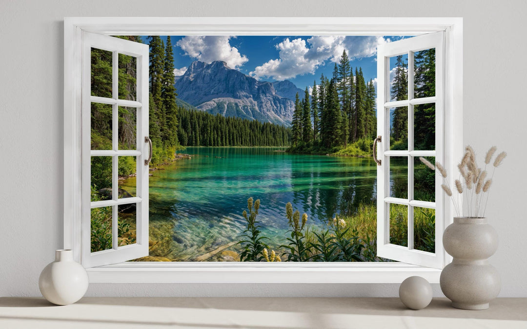 Trompe l'oeil canvas wall art of an open white window overlooking a turquoise mountain lake.