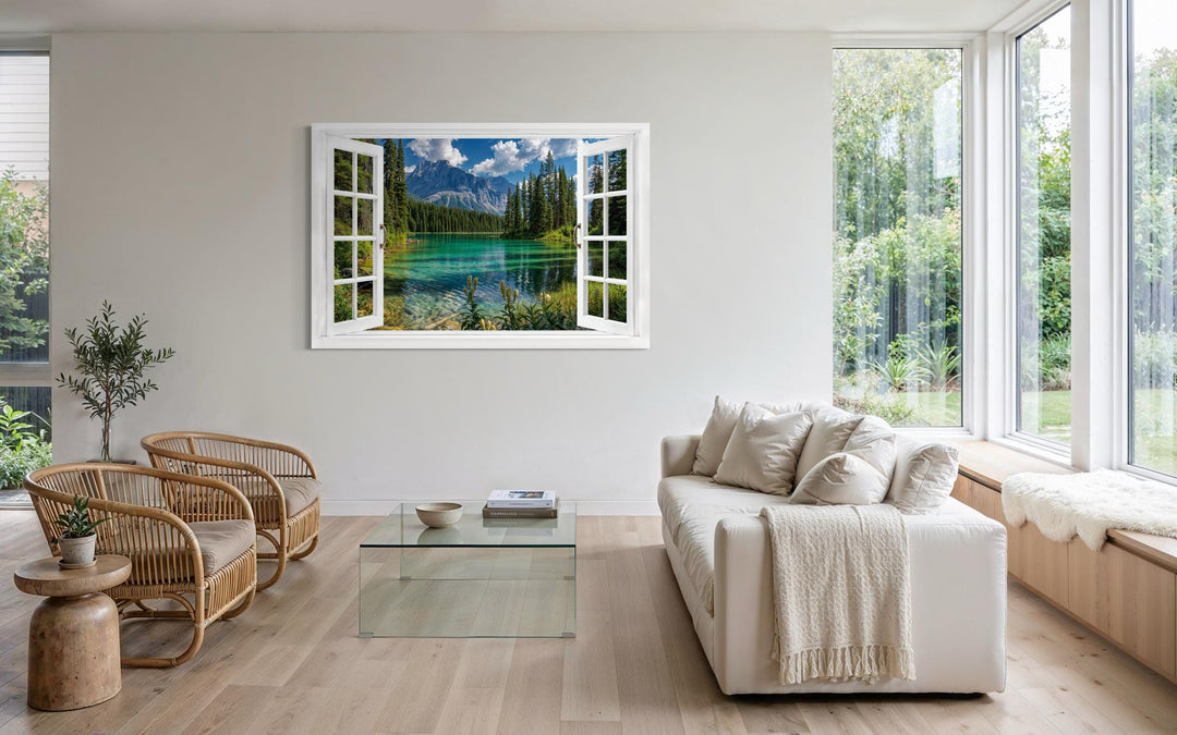 A mountain lake window view canvas wall art piece depicting a turquoise alpine lake and peaks.