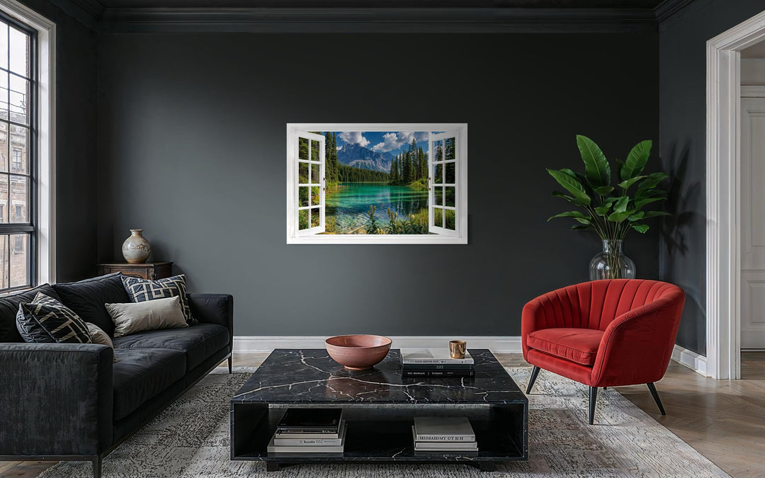 Mountain lake window view canvas wall art depicting a turquoise alpine lake in a white window frame.