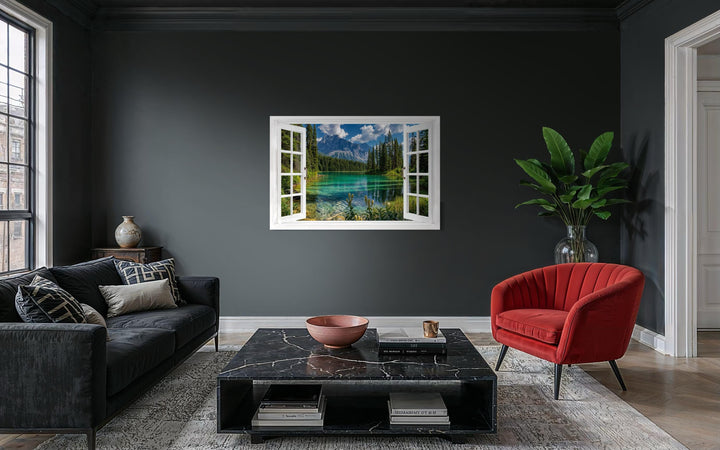 Mountain lake window view canvas wall art depicting a turquoise alpine lake in a white window frame.