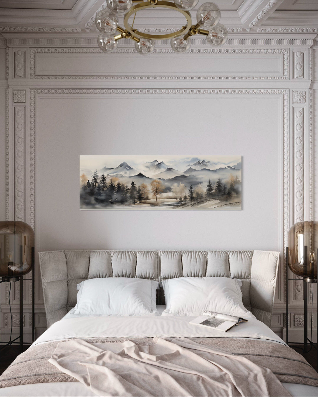 Watercolor Mountain Landscape Earth Tones Horizontal Over Bed Wall Art