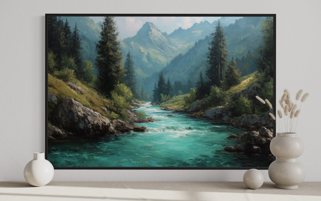 Mountain River Forest Landscape Nature Framed Canvas Wall Art