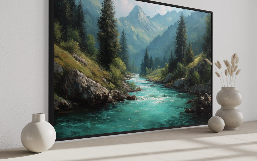 Mountain River Forest Landscape Nature Framed Canvas Wall Art