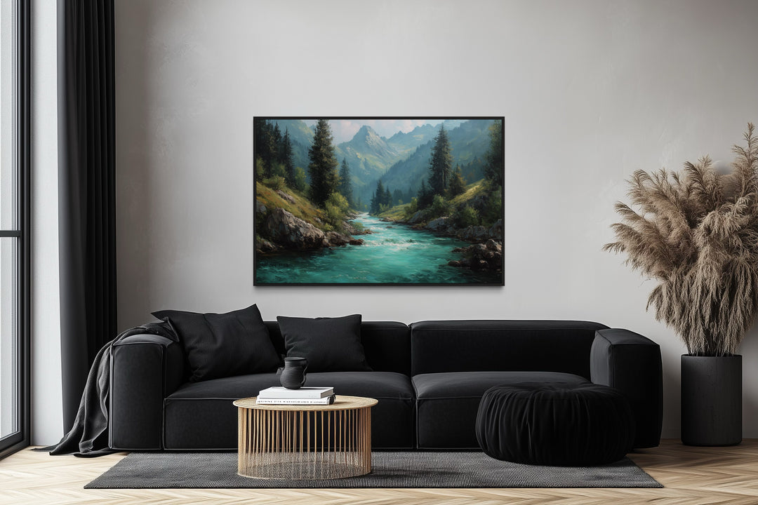 Mountain River Forest Landscape Nature Framed Canvas Wall Art