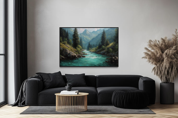 Mountain River Forest Landscape Nature Framed Canvas Wall Art