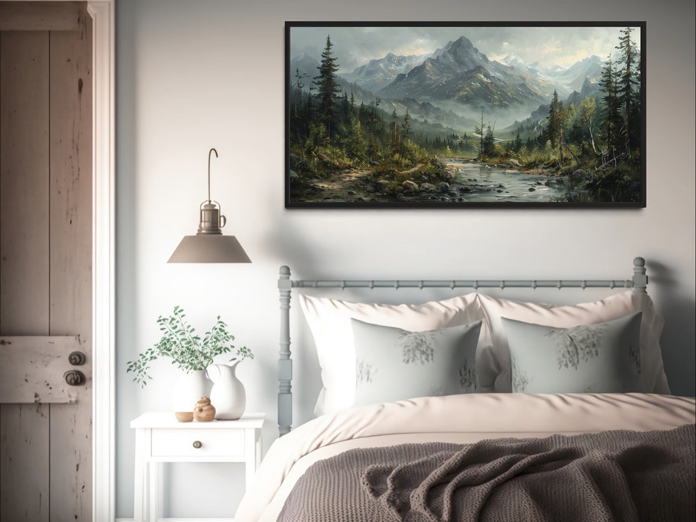 Mountain River Landscape Antique Style Framed Canvas Wall Art above bed