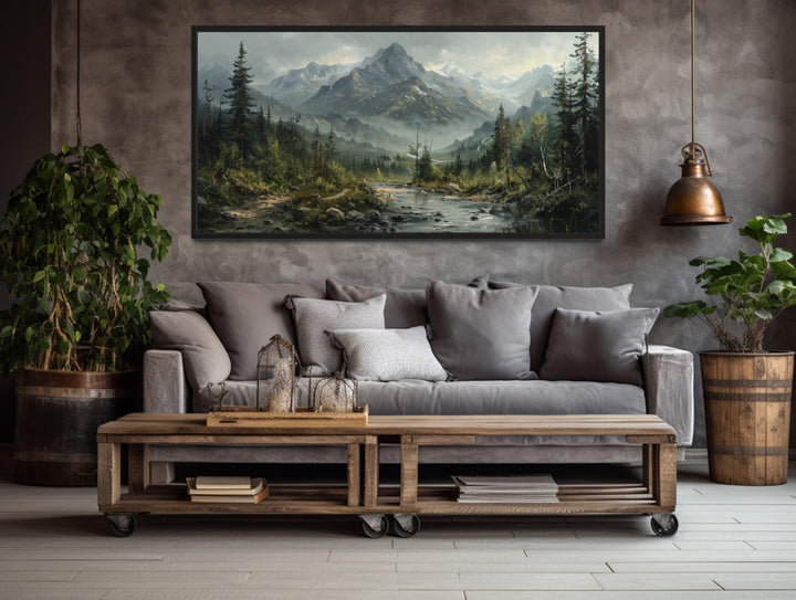 Mountain River Landscape Antique Style Framed Canvas Wall Art