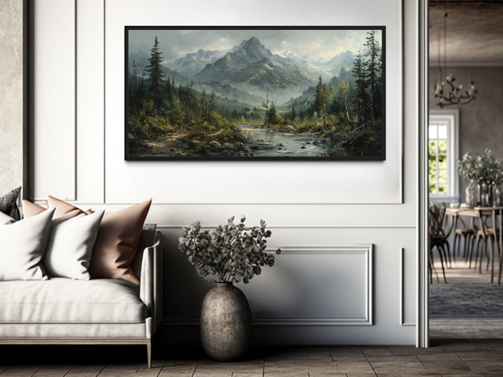 Mountain River Landscape Antique Style Framed Canvas Wall Art