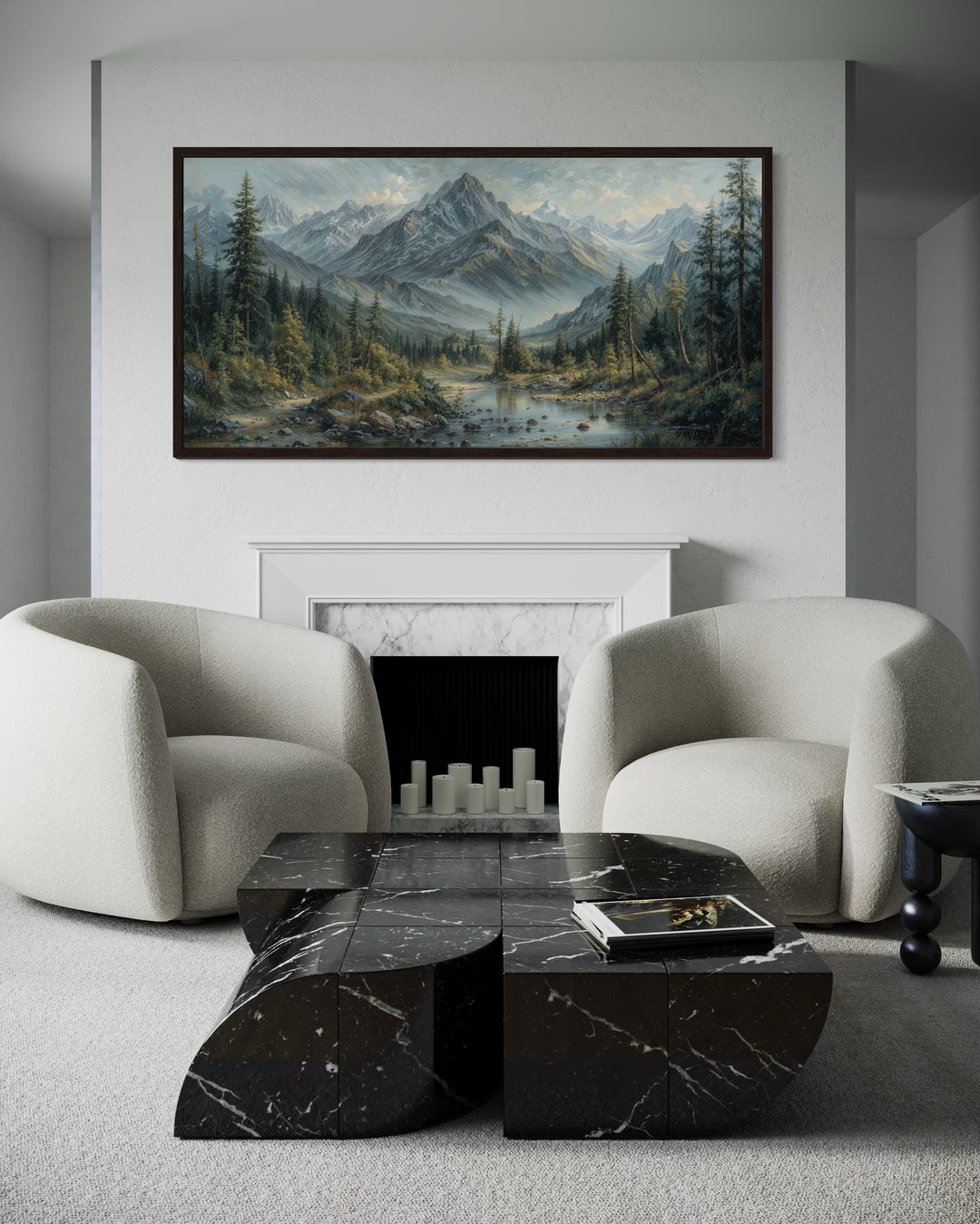 Mountain river landscape framed canvas art above a white fireplace in a modern living room.