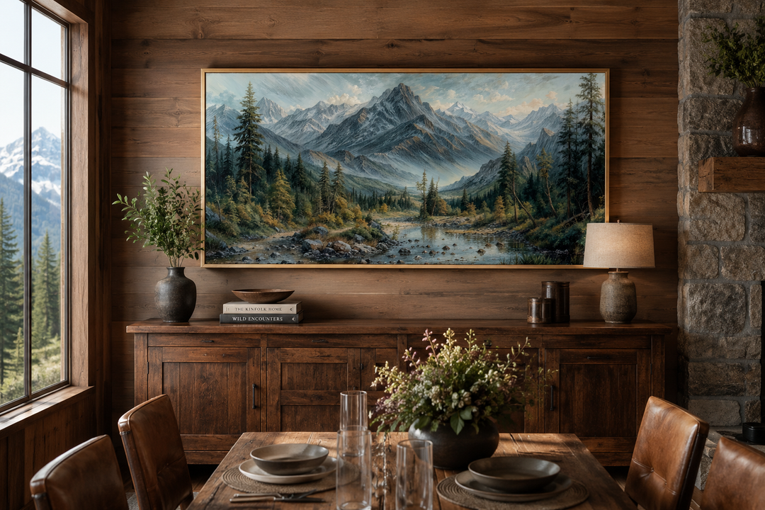 Mountain river landscape framed canvas art in a rustic cabin dining room above a wooden sideboard.