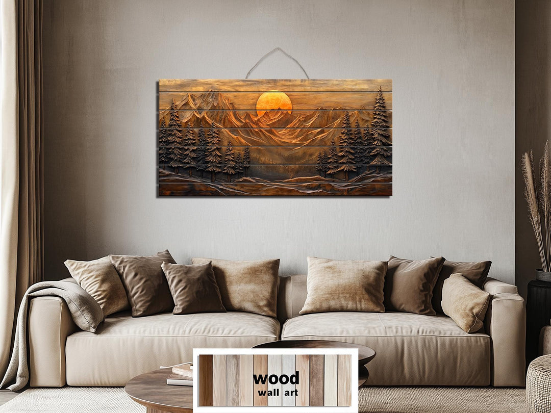 Rustic wood wall art featuring a mountain sunset and pine forest hanging above a modern sofa.