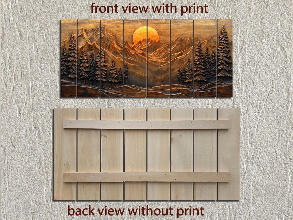 Rustic wood wall art featuring a mountain sunset and pine forest, shown from front and back views.