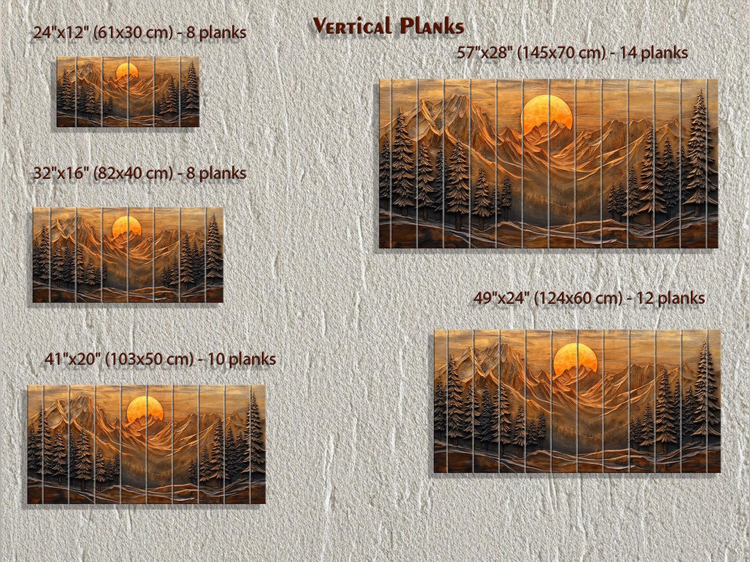 Rustic wood wall art featuring a mountain sunset and pine forest in five different size options.