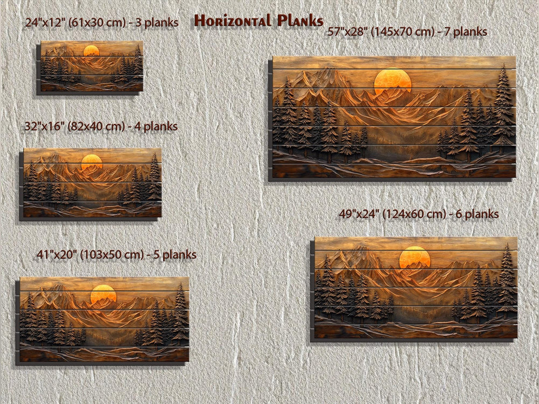 Rustic wood wall art featuring a mountain sunset and pine forest in five different horizontal sizes.