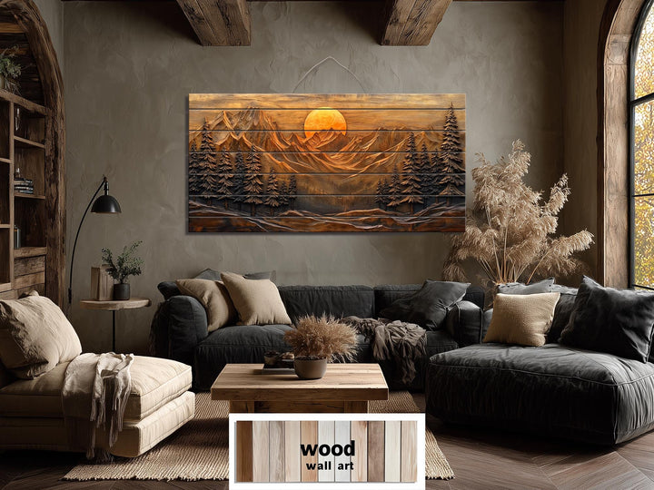Rustic wood wall art featuring a mountain sunset and pine forest scene above a modern sofa.