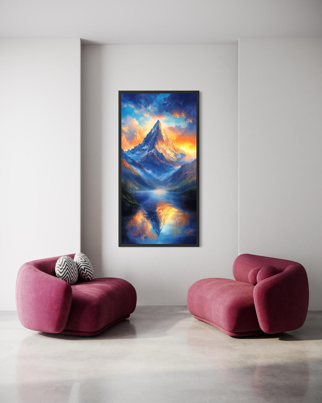 Vertical mountain sunset canvas print with blue and orange sky reflection in a modern living room.
