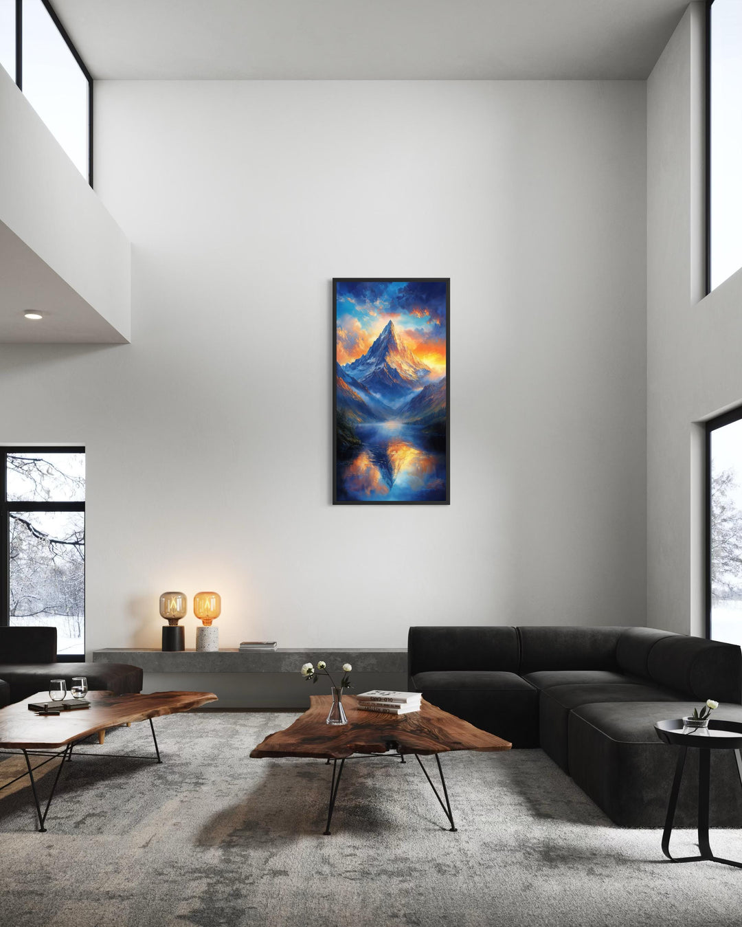 Vertical canvas print of a mountain sunset with blue and orange sky reflections in a modern room.
