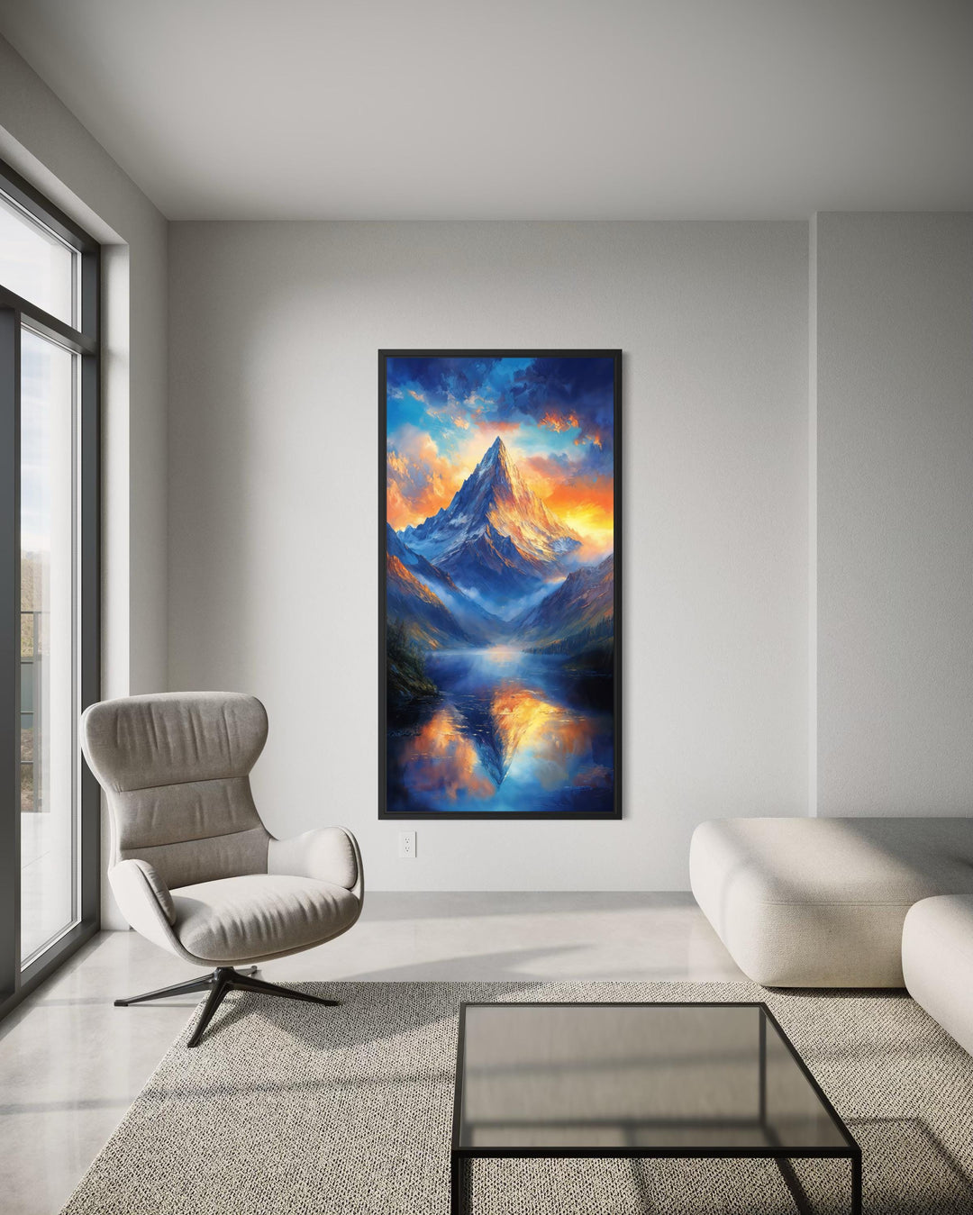 Vertical landscape canvas print of a mountain sunset with blue and orange sky reflections.
