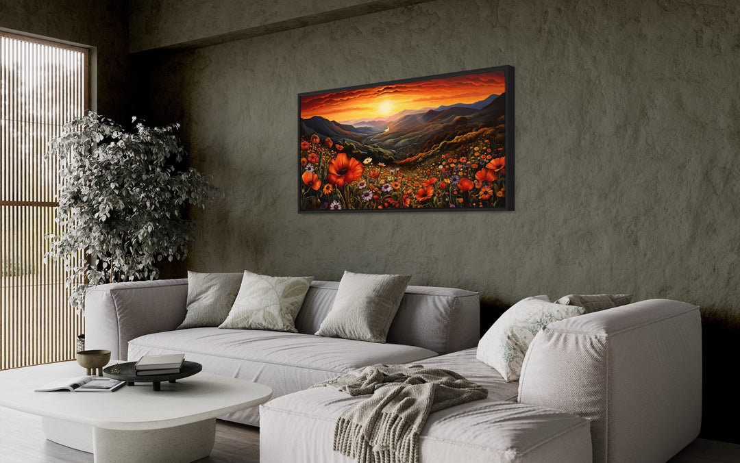 Mountain Valley Flowers Sunset Landscape Framed Canvas Wall Art