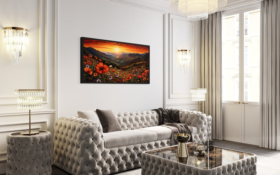 Mountain Valley Flowers Sunset Landscape Framed Canvas Wall Art