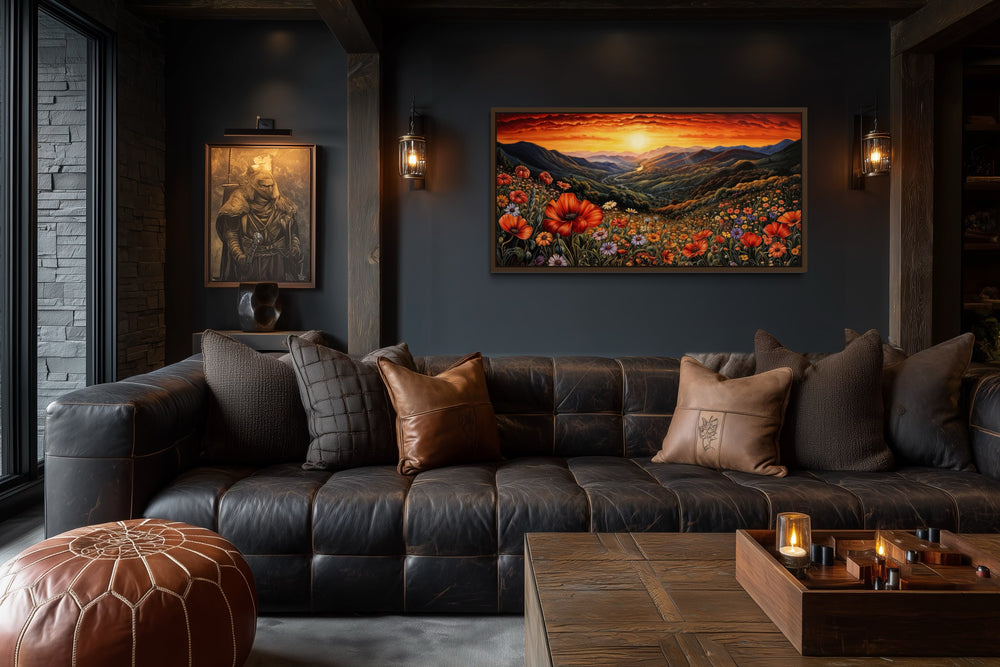 Mountain Valley Flowers Sunset Landscape Framed Canvas Wall Art