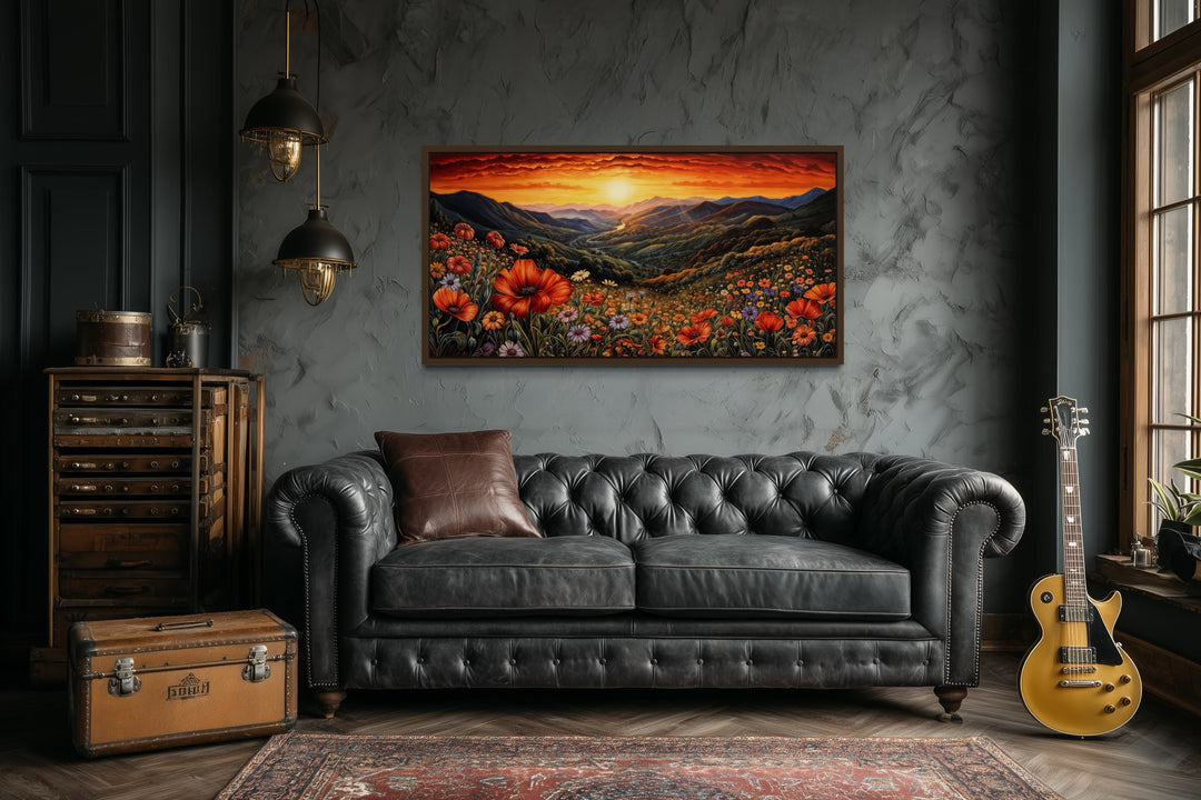 Mountain Valley Flowers Sunset Landscape Framed Canvas Wall Art