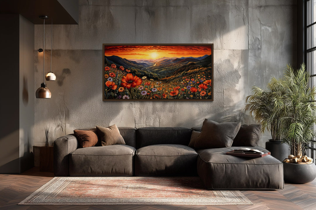 Mountain Valley Flowers Sunset Landscape Framed Canvas Wall Art