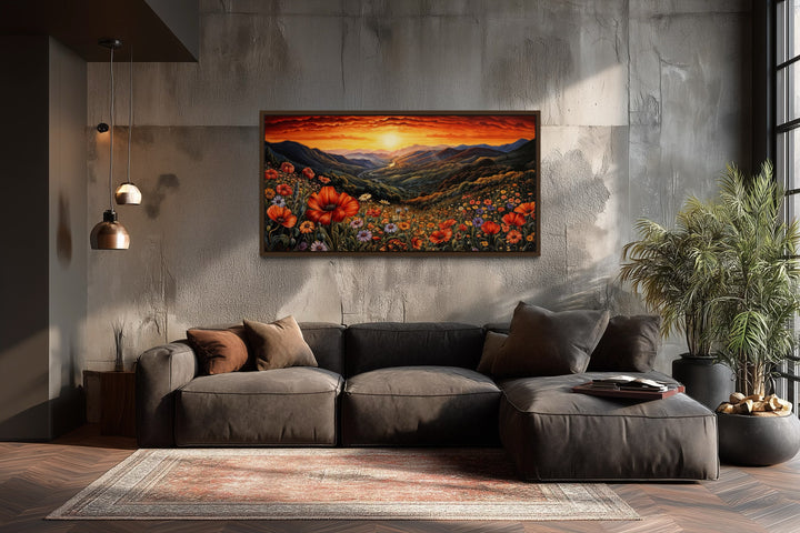 Mountain Valley Flowers Sunset Landscape Framed Canvas Wall Art
