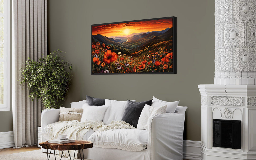 Mountain Valley Flowers Sunset Landscape Framed Canvas Wall Art