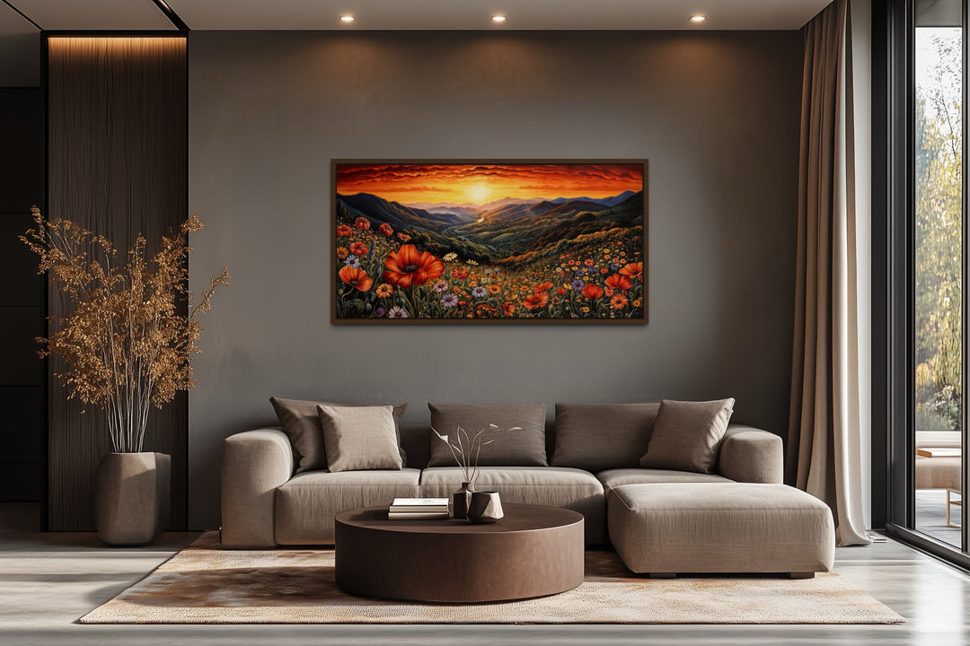 Mountain Valley Flowers Sunset Landscape Framed Canvas Wall Art