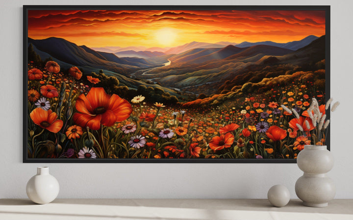 Mountain Valley Flowers Sunset Landscape Framed Canvas Wall Art